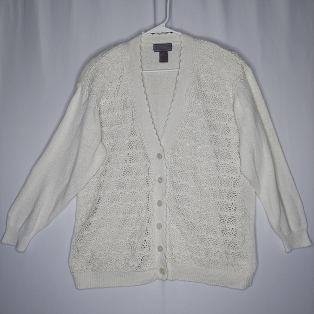 Liz Baker Vtg Crochet Button Cardigan Women 2X Cream Elbow‎ Cottagecore Grandma